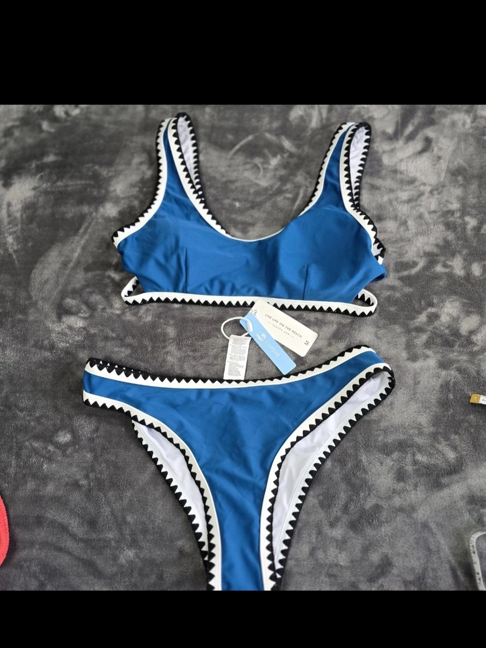 NWT CUPSHE Sporty Crochet Trim Bikini Set Blue black white sz medium